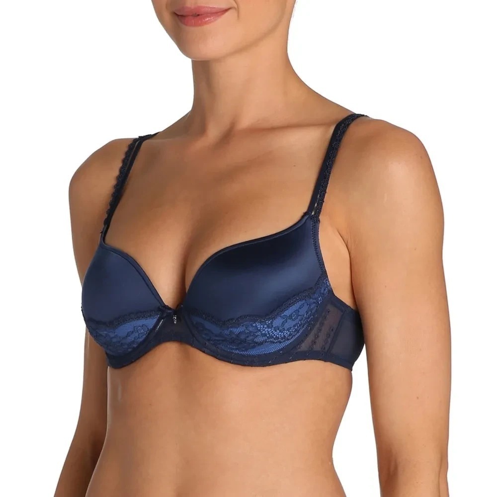 Marie Jo Helena Padded Heart Underwire T-shirt Bra Flower Straps 32D Navy Lace
